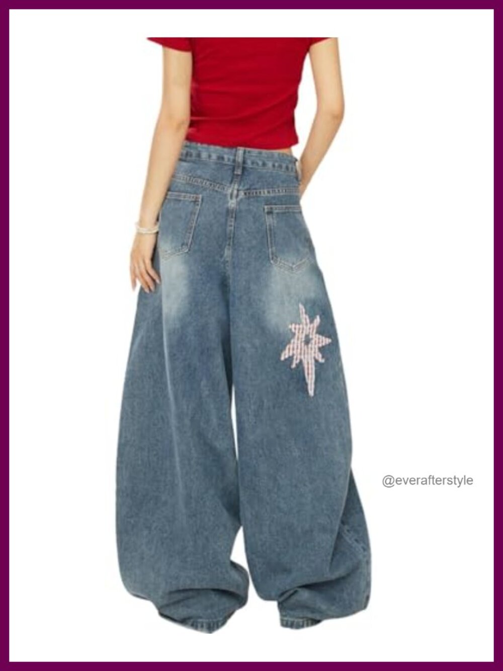 Baggy Barrel Jeans Low Rise Star Patchwork Y2K Cotton Blend - Picture 4 of 5